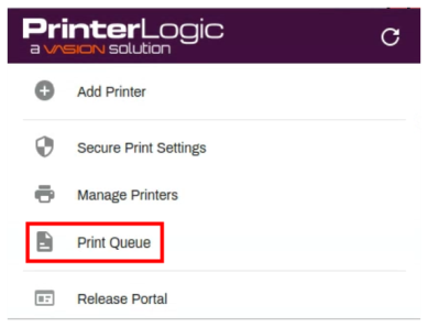 Chromebook extension showing the PrinterLogic options with the Print Queue option highlighted. 